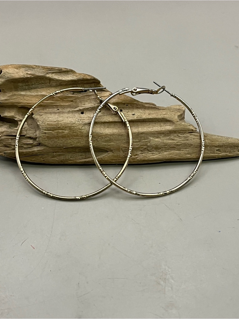 Gold Tone Large Thin Hoop Earrings 2" Etched Textured Latch Back Lightweight